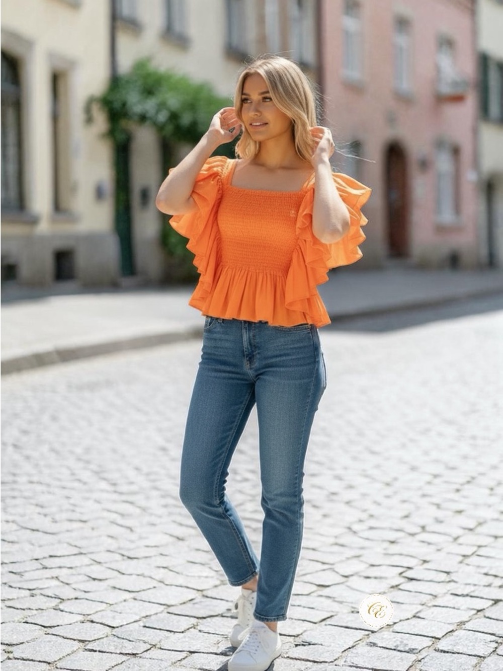 MISA Los Angeles Orange Smocked Ruffle Top |NWT | XS | Crop Blouse